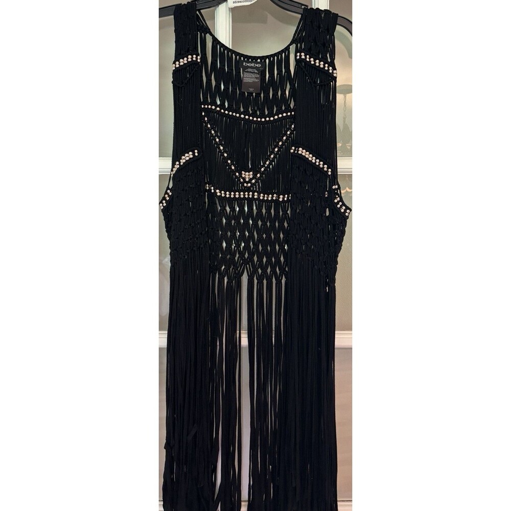bebe Women's Black Knit Scoop Neck Rhinestone Fringe Tank Top, One Size
